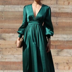 Maxi Dress Hunter Green Flowy Long Sleeve sz S M L